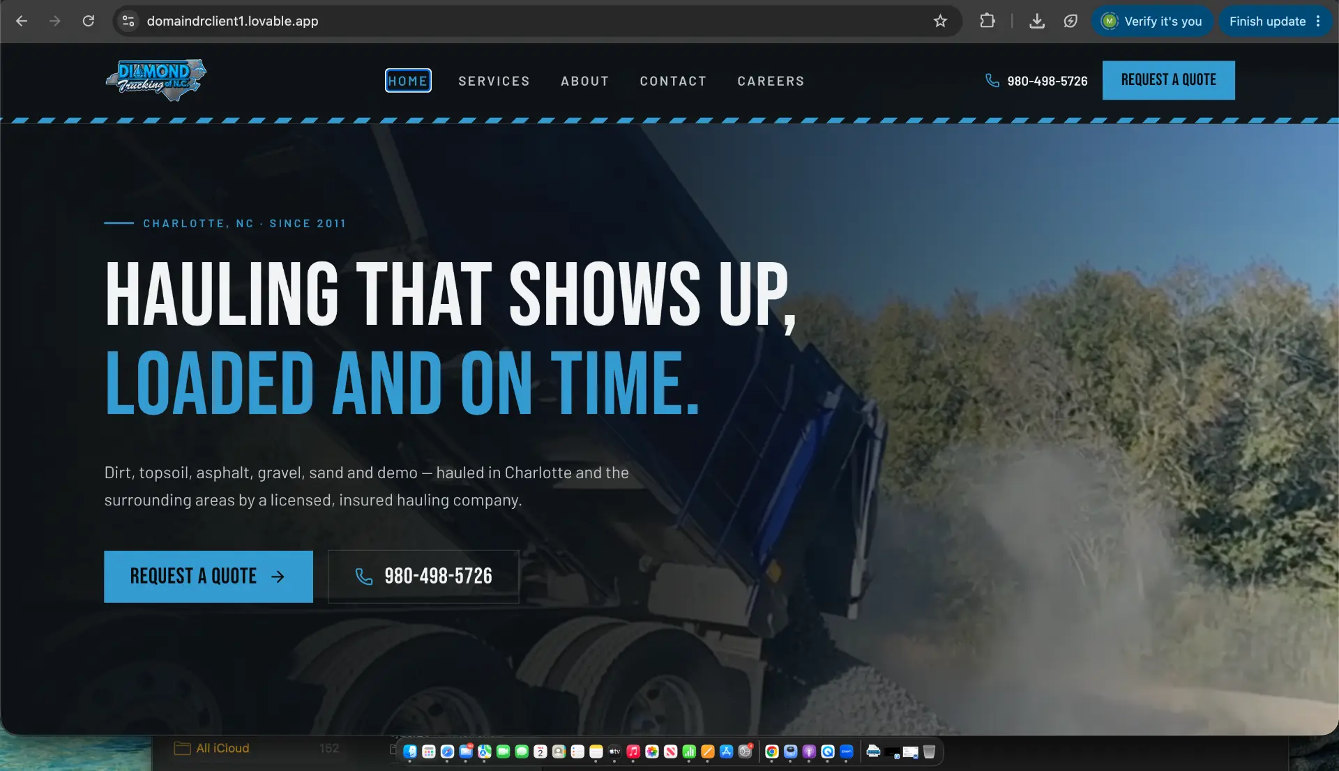 Diamond Trucking Of NC website after the DOMAINDR+ redesign